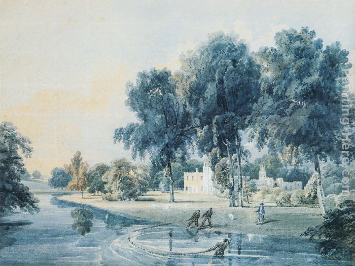 Chalfont House, Buckinghamshire, with fishermen netting the Broadwater